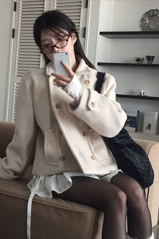 Vintage Preppy Fleece-Lined Wool Blend Short Coat