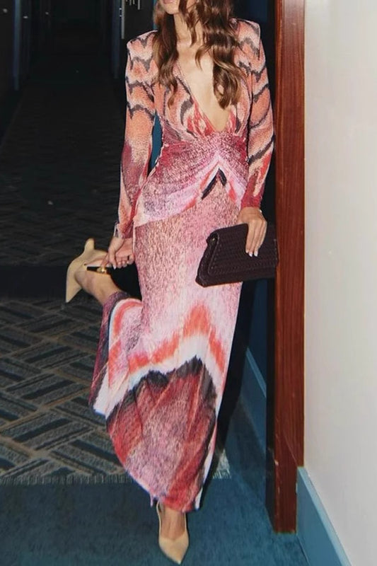 Robe longue moulante sexy à col en V et imprimé floral à manches longues