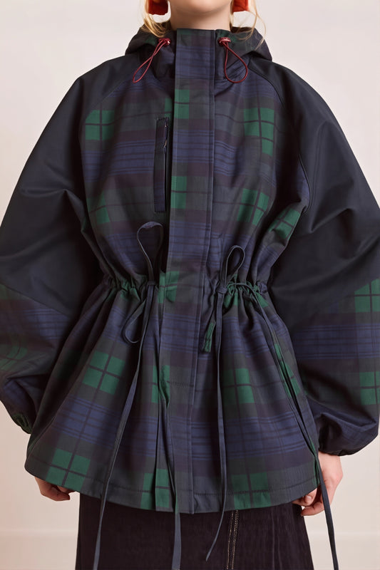Plaid Hooded Drawstring Waist Coat