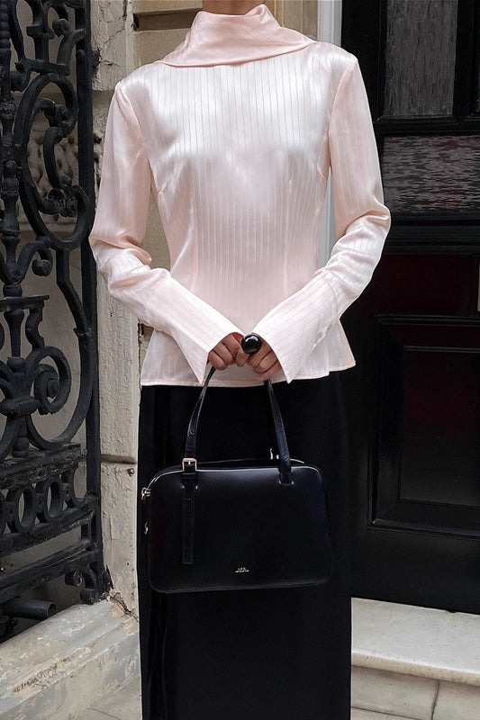 Striped Satin Turtleneck Tie Waist Slim Blouse