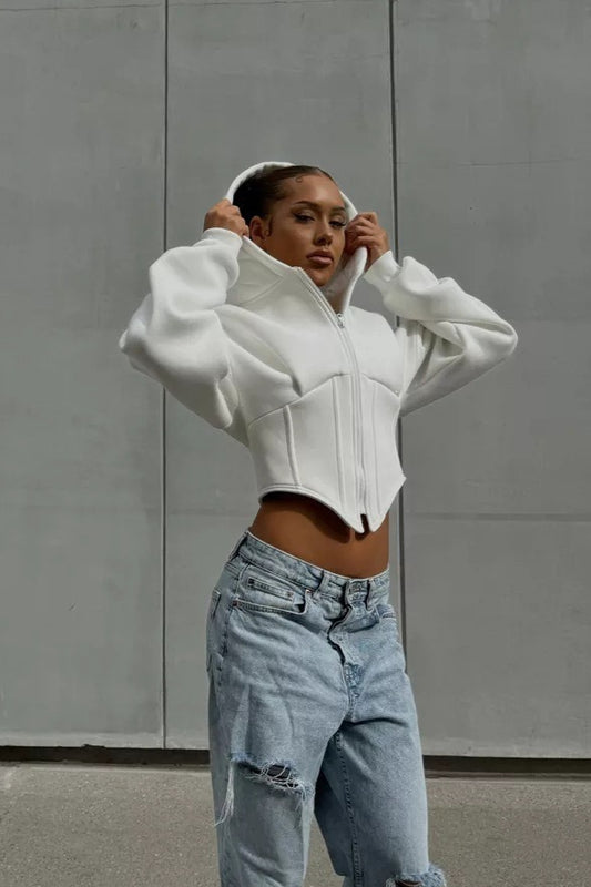 Cropped Curved Hem Full Zip Hoodie