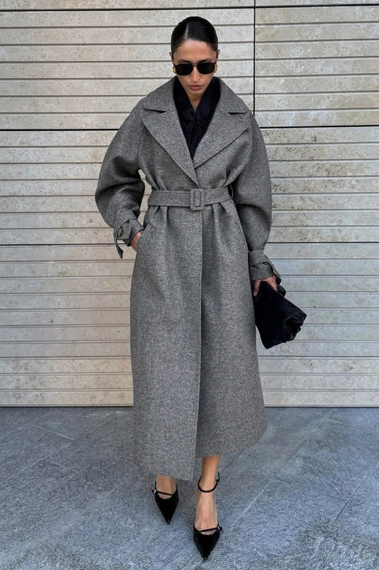 Longline Wool Blend Tie Waist Loose Elegant Overcoat
