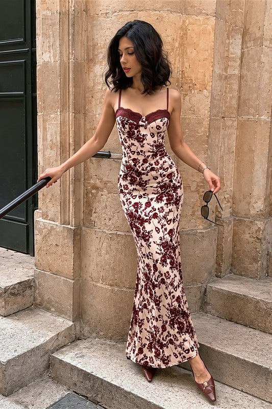 Brown Floral Lace Trim Cami Maxi Dress