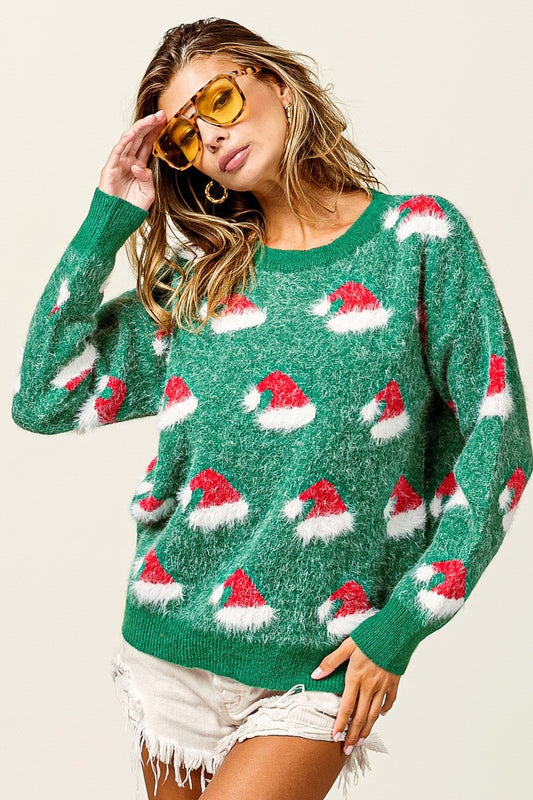Color Block Santa Hat Fuzzy Embroidered Sweater