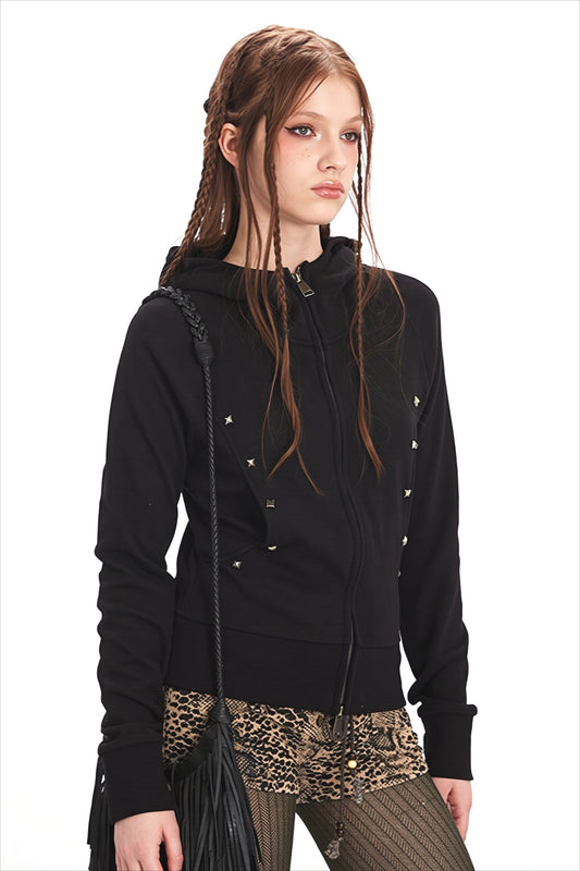 Rhinestone Detail Fitted Zip Up Hoodie