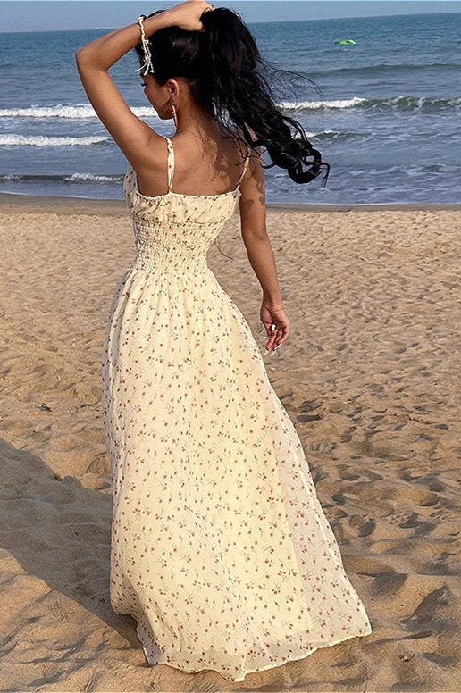 Sexy Smocked V Neck High Waist A Line Maxi Cami Floral Dress