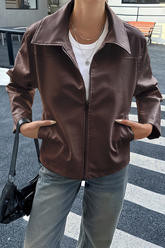 Point Collar Faux Leather Zip Jacket