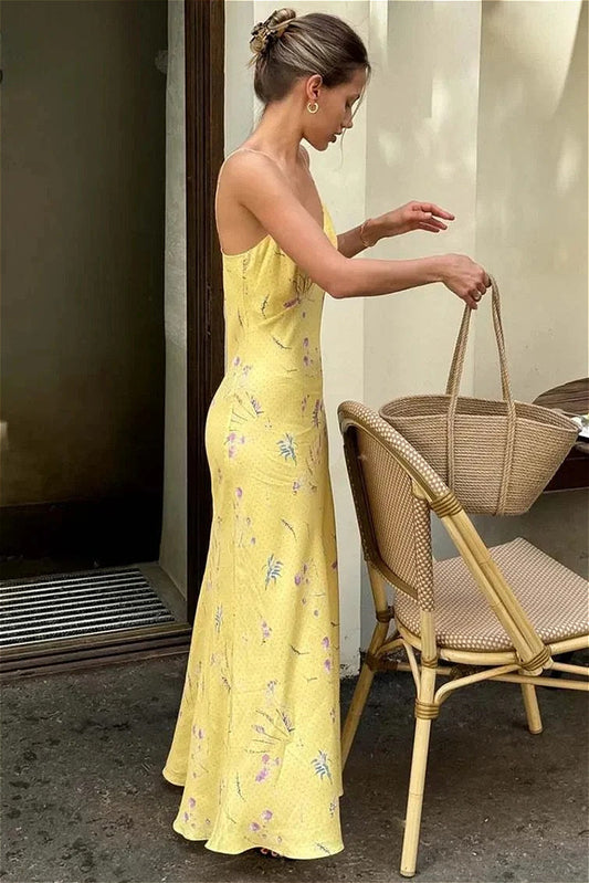 Robe décontractée à imprimé floral jaune et bretelles spaghetti