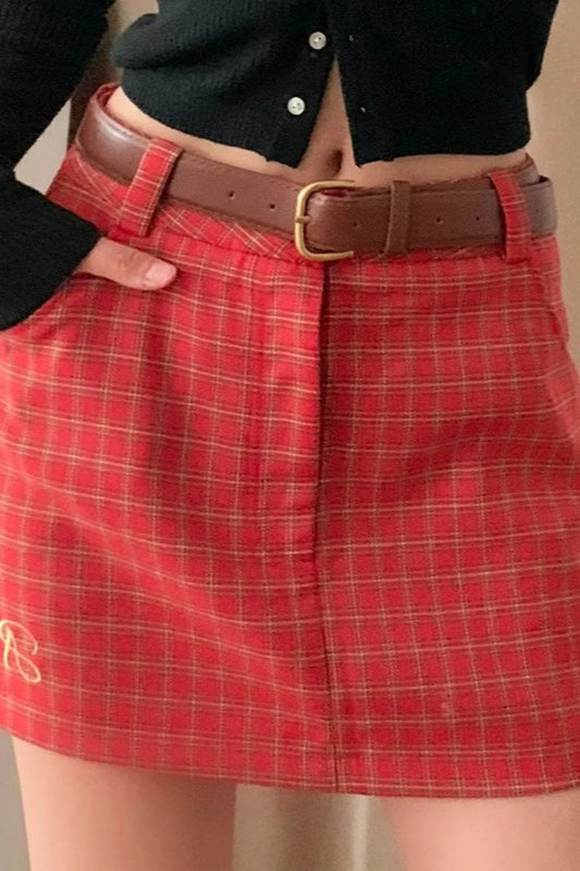 Letter Embroidery Plaid Low Waist Skirt