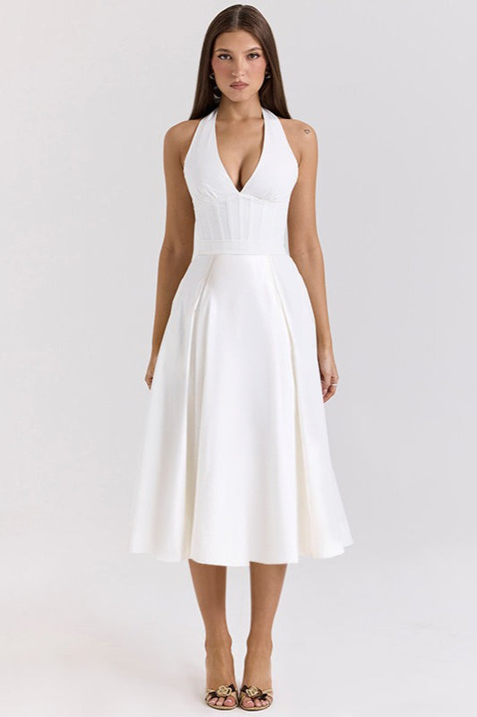 Elegant Deep V Halter Backless Maxi Party Dress