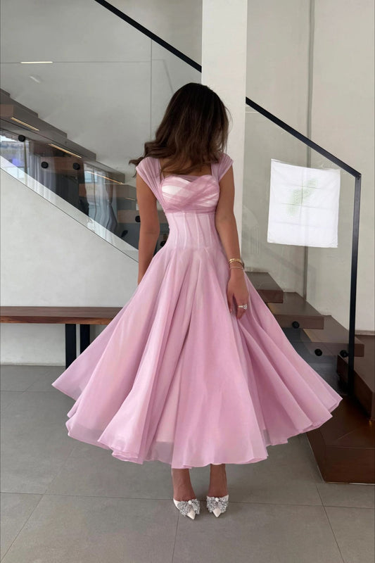 Soft Mesh Waist Flared Prom Dress