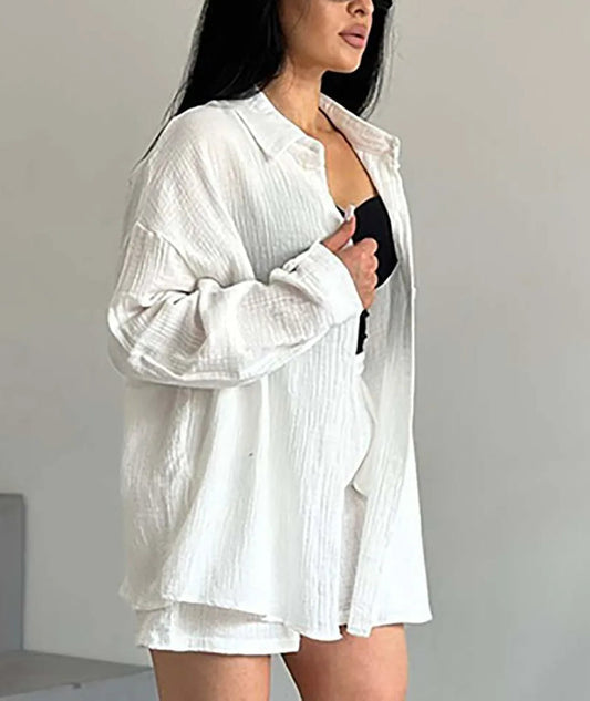 Ensemble deux pièces de bureau avec short à cordon en coton bleu