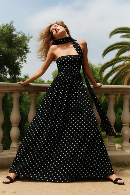 Robe longue à pois, épaules dénudées, nouée