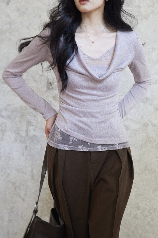 Mock Two Piece Draped Lace Knit Top