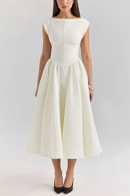 Boat Neck Open Back Flare Maxi Dress