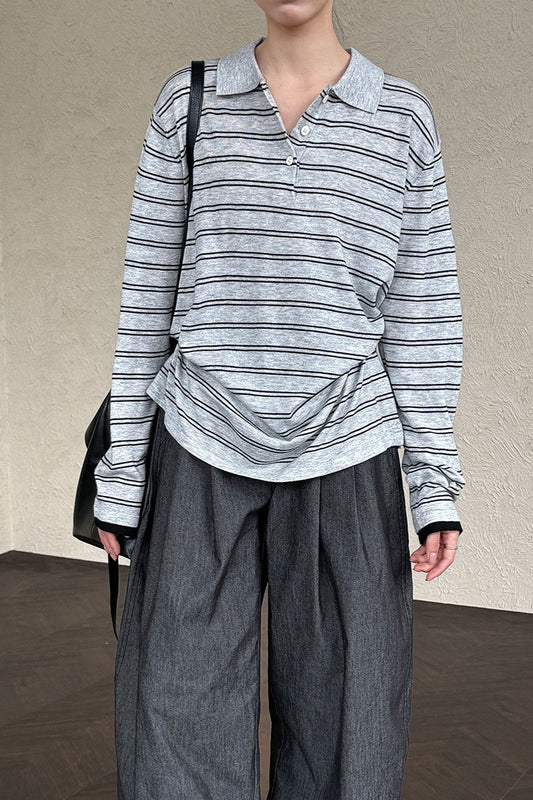 Soft Wool Striped Polo Collar Long Sleeve Long Sleeve Tee