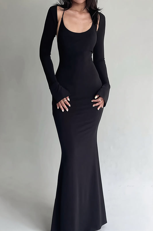 Open Back Overlay Sleeve Bodycon Maxi Dress