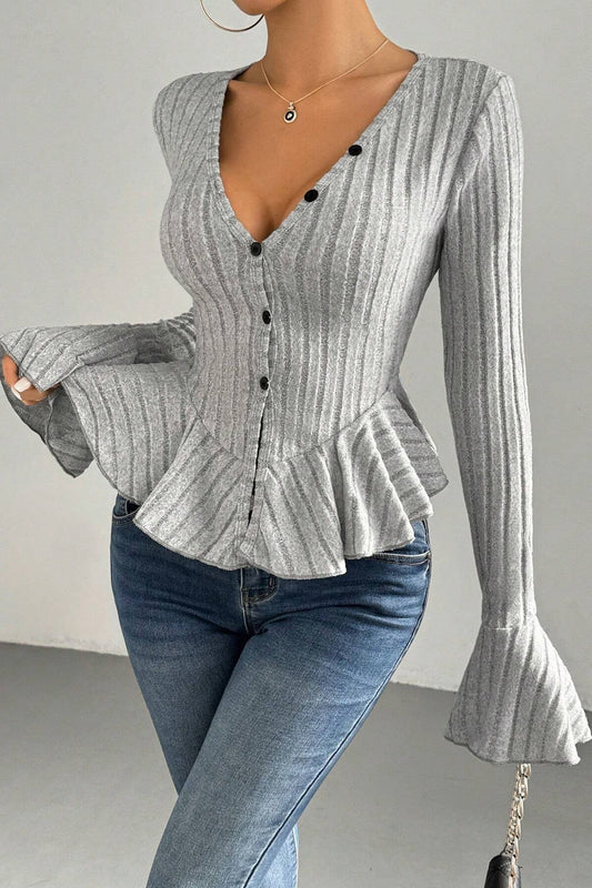 Flounced V-Neck Bodycon Knit Top