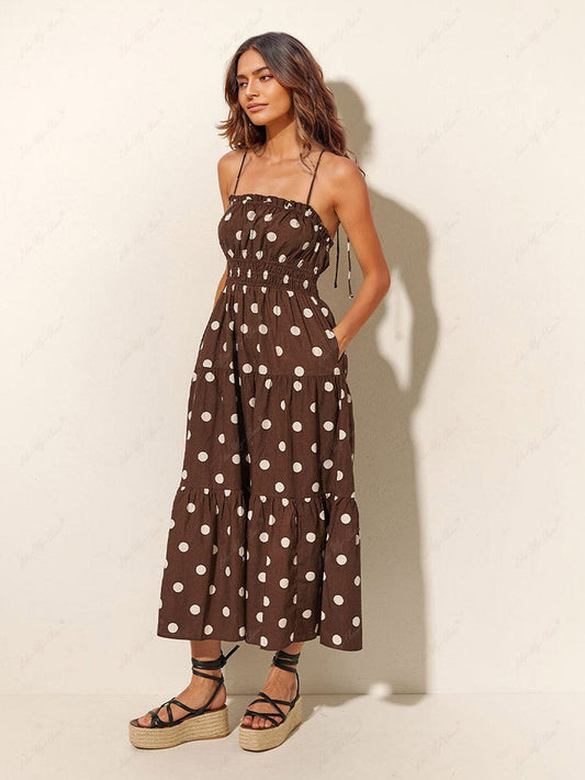 Chocolate And Ivory Polka Dot Trendy Print Pleated Elastic Strap Dress Dresses