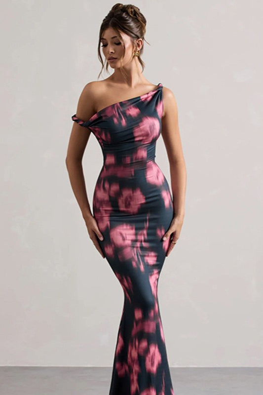 Robe longue sirène à imprimé floral et nœud asymétrique