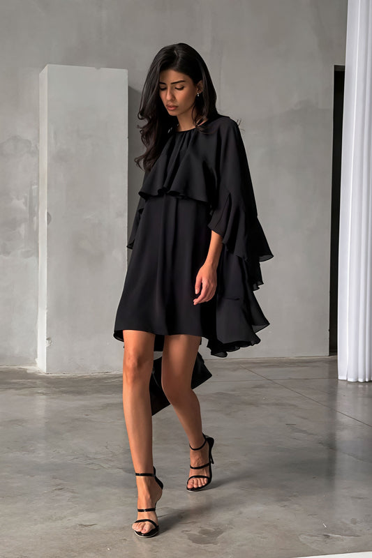 Ruffle Cape Half Sleeve Elegant Mini Dress
