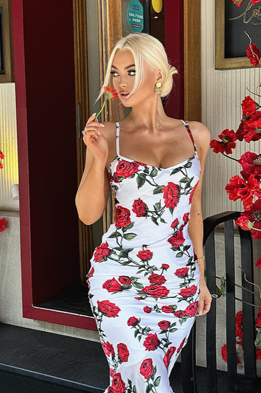 Robe de soirée à imprimé floral et col carré