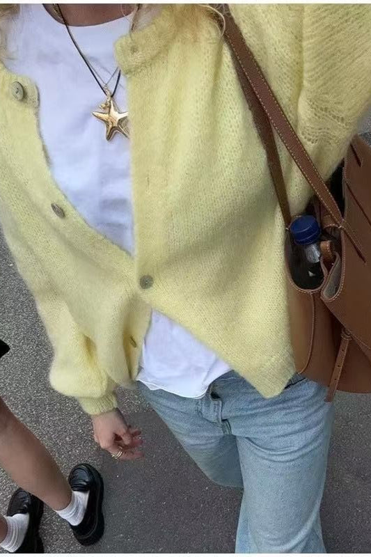 Candy Color Crew Neck Button Knit Cardigan