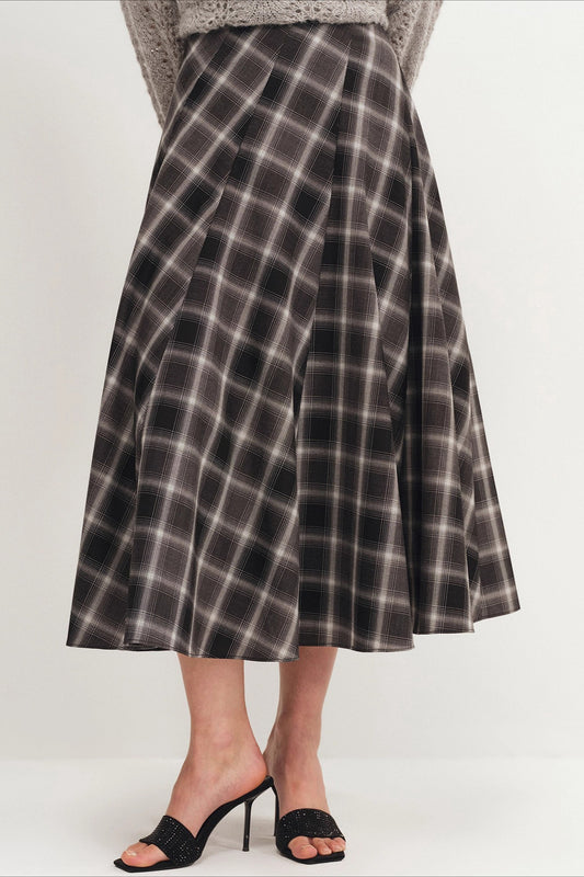 Wool Plaid Waist Defined A-Line Skirt