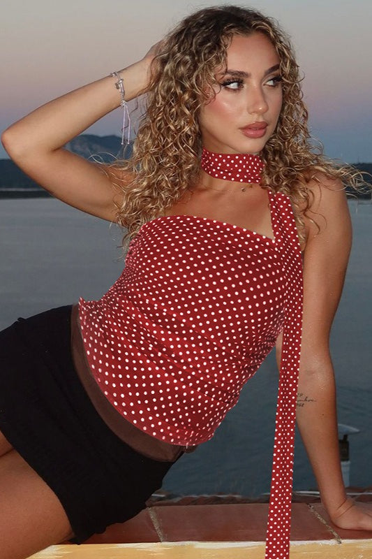 Haut court bustier slim à imprimé pois