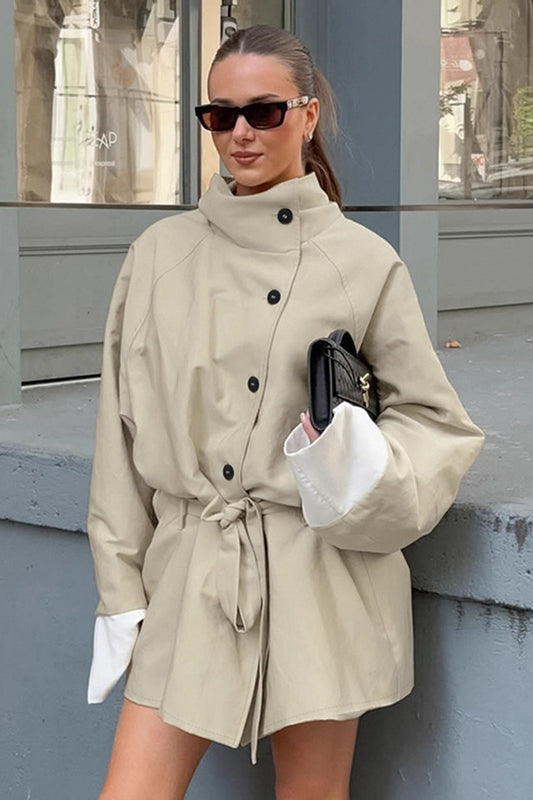 Tailored Stand Collar Tie Waist Slim A Line Mini Dress