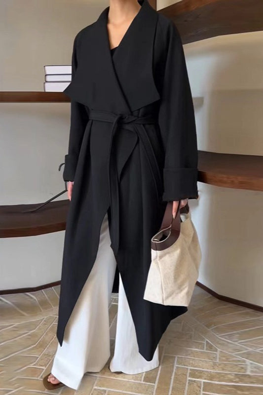 Korean Hepburn Lazy-Chic Belted Waist-Tie Long Overcoat