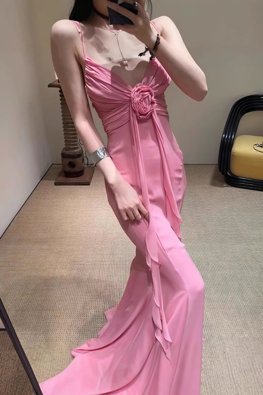 3D Rose Flowy Spaghetti Strap Backless Maxi Dress