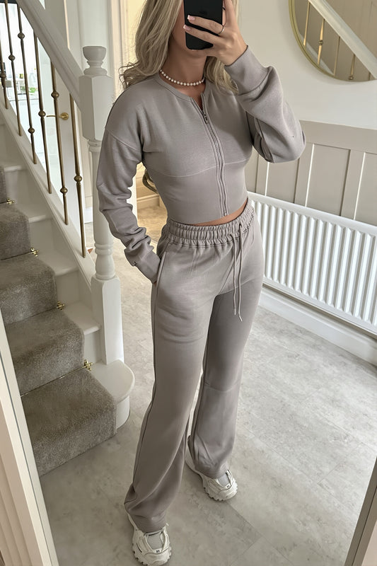 Cropped Zip Jacket Straight Leg Pants Set
