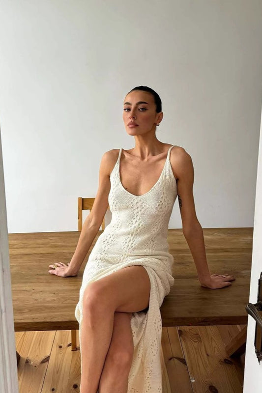 Robe longue fendue à col en V unie