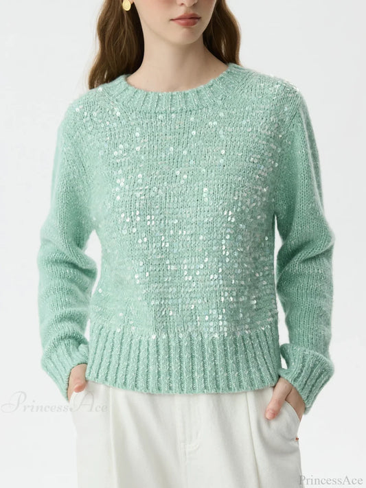5.9% Sheep Wool Sequined Long Sleeve Sweater Green / XS