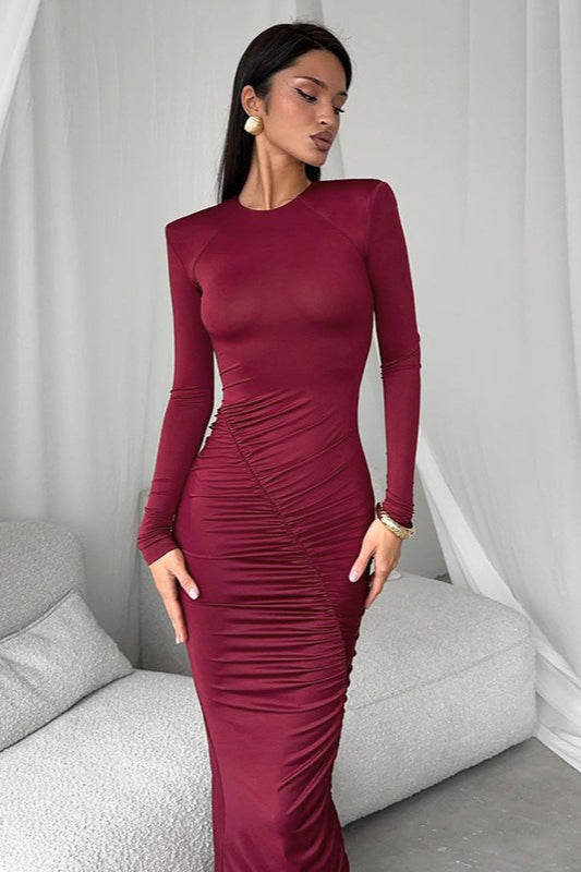 Round Neck Ruched Long Sleeve Maxi Dress