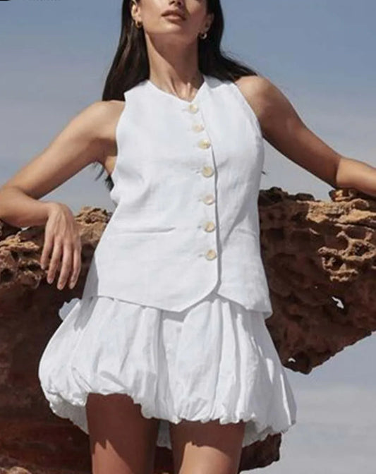 Ensemble de bureau deux pièces plissé sans manches en coton blanc