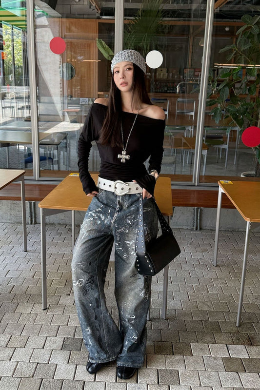 Jean large à imprimé graffiti et éclaboussures de peinture