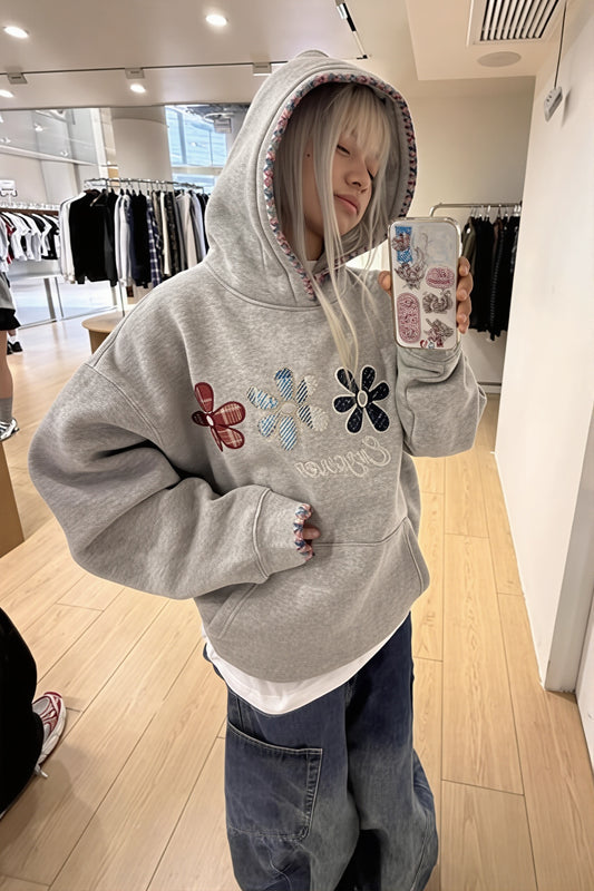 Flower Embroidered Patchwork Hoodie