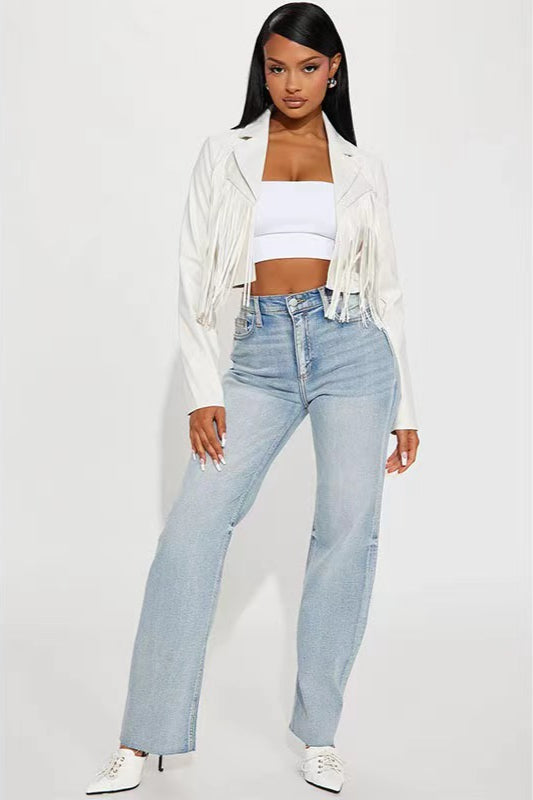 Fringe Trim Faux Leather Cropped Jacket