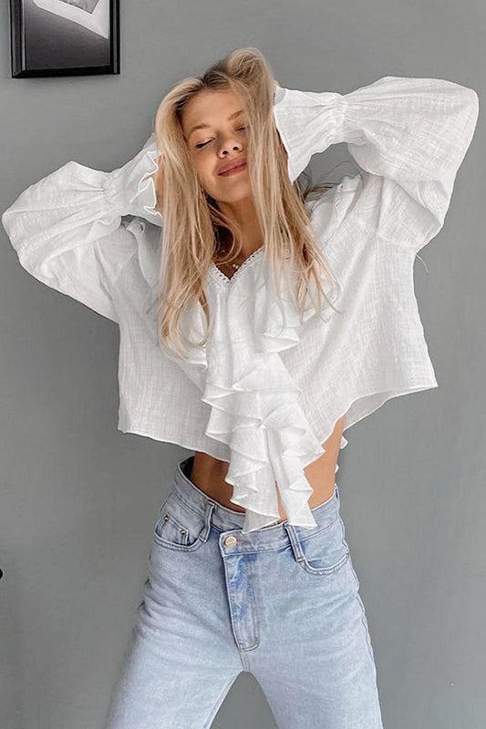 Cotton Ruffled V Neck Pullover Blouse White / S
