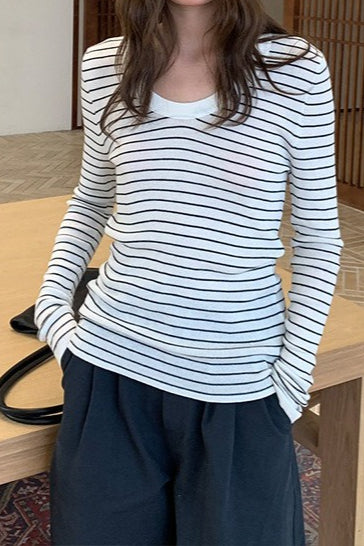 Wool Striped Round Neck Knit Top