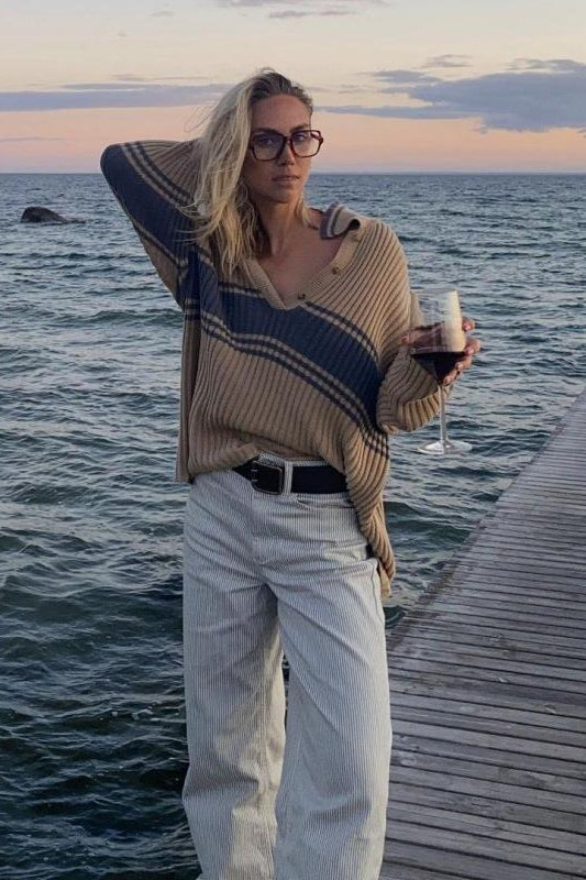 Pull en tricot à manches longues et rayures colorblock