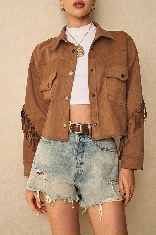 Fringe Trim Drop Shoulder Casual Jacket
