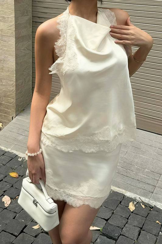 Lace Sleeveless Draped Collar Halter Mini Dress