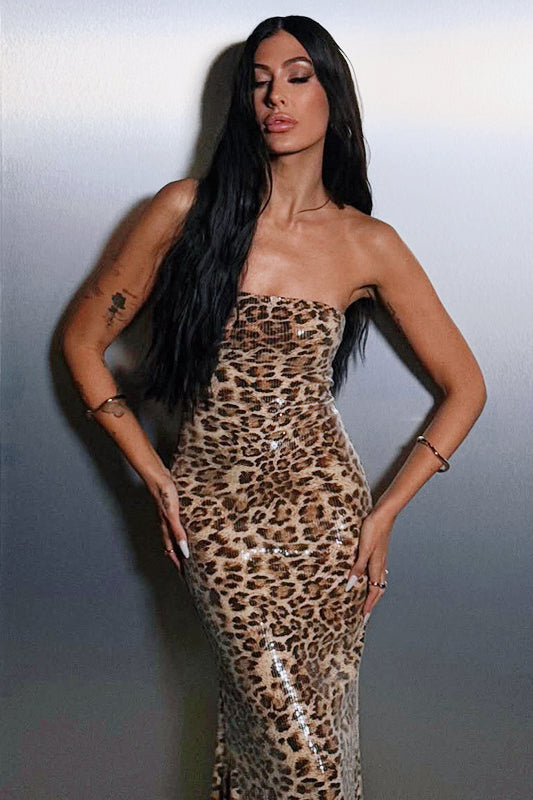 Robe longue sans bretelles à imprimé léopard colorblock