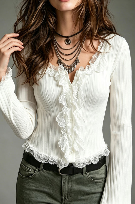 Lace Trim Flared Sleeve Button Cardigans