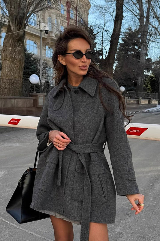 Solid Color Lapel Belted Wool Coat