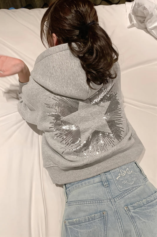 Sequin Star Cropped Pullover Hoodie