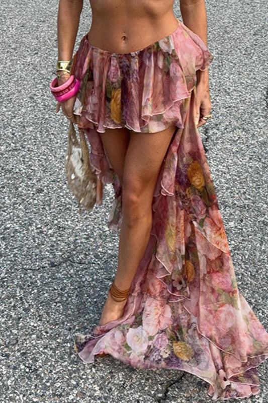 Jupe longue taille haute à fleurs romantiques